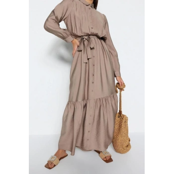 Yeni Regular Casual Günlük Aerobin Dokuma Ceket Yaka Uzun Kol A-Line Maxi Boy Tesettür Elbise