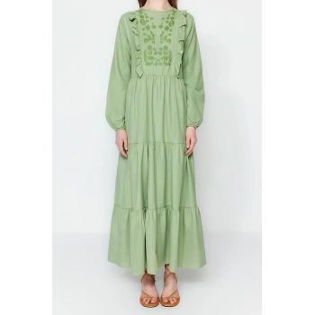 Yeni Regular Casual Günlük Chambre Dokuma Bisiklet Yaka Uzun Kol A-Line Maxi Boy Tesettür Elbise