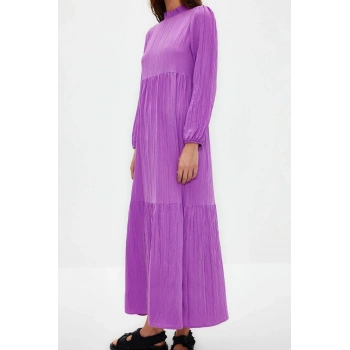 Yeni Rahat Casual Günlük Crinkle Dokuma Dik Yaka Uzun Kol A-Line Maxi Boy Tesettür Elbise