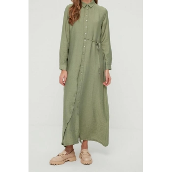 Yeni Regular Günlük Keten Aerobin Dokuma Ceket Yaka Uzun Kol Gömlek Elbise Maxi Boy Tesettür Elbise