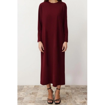 Yeni Rahat Casual Günlük Krep Örme Bisiklet Yaka Uzun Kol Straight Uzun Boy Tesettür Elbise