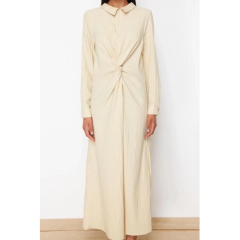 Yeni Regular Casual Günlük Crinkle Dokuma Gömlek Yaka Uzun Kol Shift Maxi Boy Tesettür Elbise