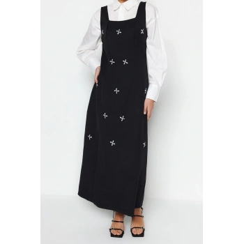 Yeni Jile Casual Günlük Finike Dokuma Kare Yaka Kolsuz Kol Jile Maxi Boy Tesettür Elbise