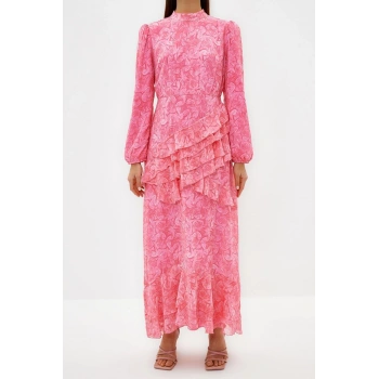 Yeni Regular Abiye Gece Şifon Dokuma Bisiklet Yaka Uzun Kol Eteği Fırfırlı Maxi Boy Tesettür Elbise