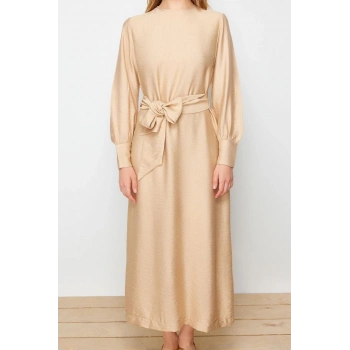 Yeni Regular Günlük Keten Aerobin Dokuma Bisiklet Yaka Uzun Kol Shift Maxi Boy Tesettür Elbise