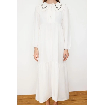 Yeni Regular Casual Günlük Keten Görünümlü Dokuma Bebe Yaka Uzun Kol Basic Maxi Boy Tesettür Elbise