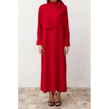 Yeni Regular Günlük Terryviskon Dokuma Boyundan Bağlamalı Uzun Kol A-Line Maxi Boy Tesettür Elbise