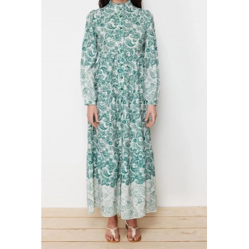 Yeni Regular Keten Görünümlü Dokuma Hakim Yaka Uzun Kol Gömlek Elbise Maxi Boy Tesettür Elbise