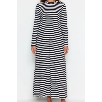 Yeni Regular Casual Günlük Ringel Örme Dik Yaka Uzun Kol Basic Maxi Boy Tesettür Elbise