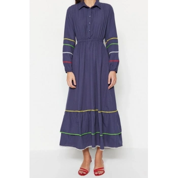 Yeni Regular Casual Günlük Terrycotton Dokuma Gömlek Yaka Uzun Kol Basic Maxi Boy Tesettür Elbise