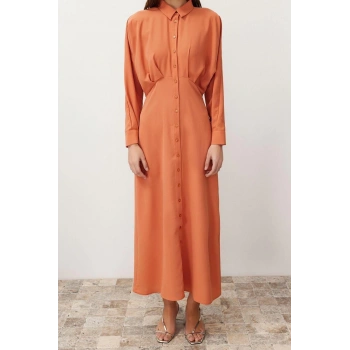 Yeni Regular Günlük Jessica Dokuma Gömlek Yaka Uzun Kol Gömlek Elbise Maxi Boy Tesettür Elbise