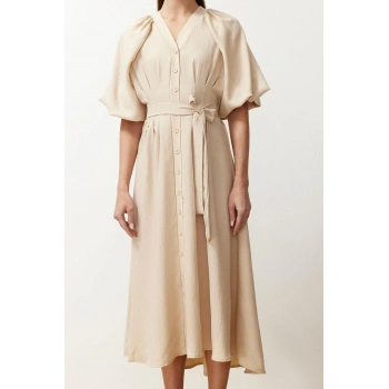 Yeni Regular Günlük Keten Görünümlü Dokuma V Yaka Truvakar Kol Kol A-Line Maxi Boy Tesettür Elbise