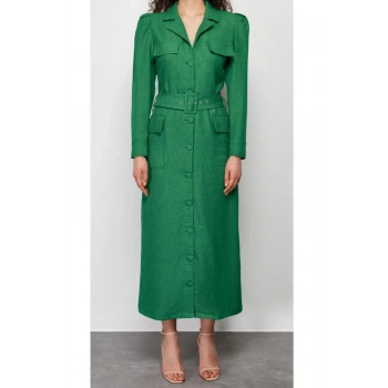 Yeni Fit Business Keten Görünümlü Dokuma V Yaka Uzun Kol Gömlek Elbise Maxi Boy Tesettür Elbise