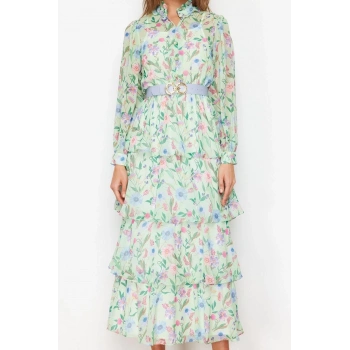 Yeni Regular Günlük Yoryo Şifon Dokuma Gömlek Yaka Uzun Kol Eteği Fırfırlı Maxi Boy Tesettür Elbise