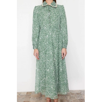 Yeni Regular Şık Abiye Gece Şifon Dokuma Gömlek Yaka Uzun Kol A-Line Maxi Boy Tesettür Elbise