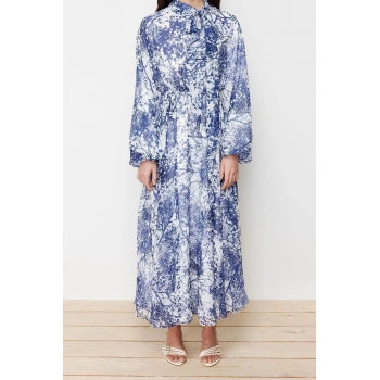 Yeni Regular Şık Abiye Gece Şifon Dokuma Dik Yaka Uzun Kol A-Line Maxi Boy Tesettür Elbise