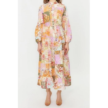 Yeni Regular Günlük Keten Görünümlü Dokuma Hakim Yaka Uzun Kol A-Line Maxi Boy Tesettür Elbise