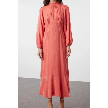 Yeni Regular Casual Günlük Jakar Dokuma Bisiklet Yaka Uzun Kol A-Line Maxi Boy Tesettür Elbise