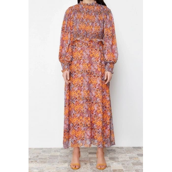 Yeni Regular Casual Günlük Şifon Dokuma Dik Yaka Uzun Kol A-Line Maxi Boy Tesettür Elbise