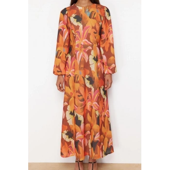 Yeni Regular Günlük Keten Görünümlü Dokuma Bisiklet Yaka Uzun Kol Skater Maxi Boy Tesettür Elbise