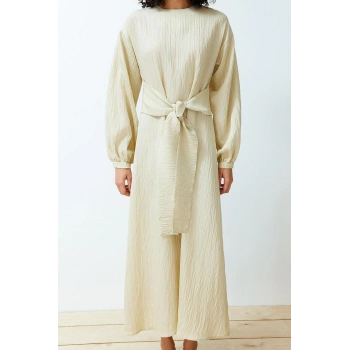 Yeni Regular Casual Günlük Crinkle Dokuma Bisiklet Yaka Uzun Kol Shift Maxi Boy Tesettür Elbise