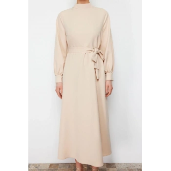 Yeni Regular Casual Günlük Finike Dokuma Dik Yaka Uzun Kol Shift Maxi Boy Tesettür Elbise