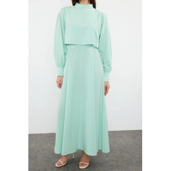 Yeni Regular Casual Günlük Terryviskon Dokuma Dik Yaka Uzun Kol A-Line Maxi Boy Tesettür Elbise