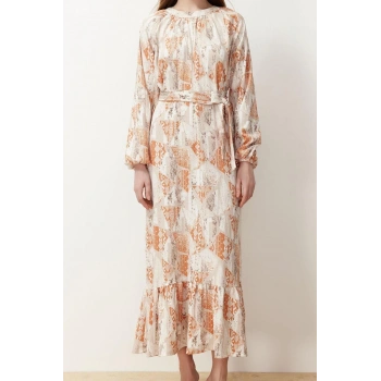 Yeni Rahat Casual Günlük Belmando Dokuma Bisiklet Yaka Uzun Kol A-Line Maxi Boy Tesettür Elbise