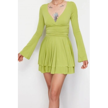 Yeni Fit Casual Günlük İnterlok Örme Bisiklet Yaka Uzun Kol Basic Midi Boy Elbise