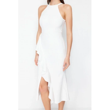 Yeni Fit Mezuniyet Balo Finike Dokuma Halter Yaka Kolsuz Kol Anvelop Midi Boy Elbise