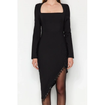 Yeni Fit Mezuniyet Balo Finike Dokuma Kare Yaka Uzun Kol Bodycone Midi Boy Elbise