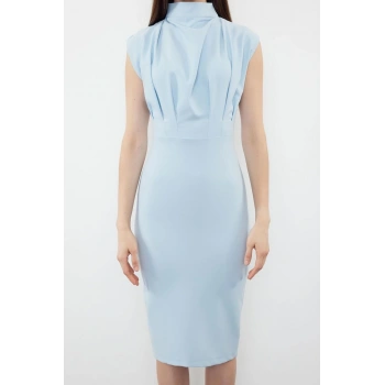 Yeni Slim Gündüz Gece Finike Dokuma Dik Yaka Kolsuz Kol Bodycone Midi Boy Elbise