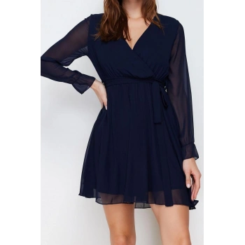 Yeni Fit Gündüz Gece Şifon Dokuma Kruvaze Uzun Kol Skater Mini Boy Elbise