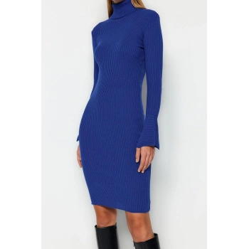 Yeni Slim Casual Günlük Fitilli Triko Balıkçı Yaka Uzun Kol Bodycone Mini Boy Elbise