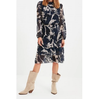 Yeni Regular Gündüz Gece Şifon Dokuma Dik Yaka Uzun Kol Skater Midi Boy Elbise