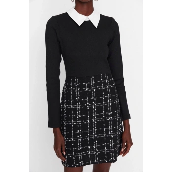 Yeni Regular Casual Günlük Tüvit Dokuma Gömlek Yaka Uzun Kol A-Line Mini Boy Elbise