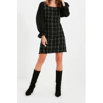 Yeni Slim Gündüz Gece Tüvit Dokuma Kare Yaka Uzun Kol A-Line Mini Boy Elbise
