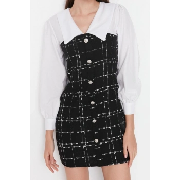 Yeni Regular Gündüz Gece Tüvit Dokuma Gömlek Yaka Uzun Kol Bodycone Mini Boy Elbise