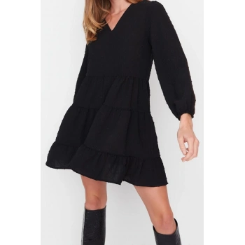 Yeni Rahat Casual Günlük Aerobin Dokuma V Yaka Uzun Kol Shift Mini Boy Elbise