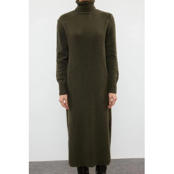 Yeni Oversize Casual Günlük Dolu İğne Triko Balıkçı Yaka Uzun Kol Shift Midi Boy Elbise