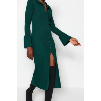 Yeni Slim Casual Günlük Dolu İğne Triko Polo Yaka Uzun Kol Shift Maxi Boy Elbise