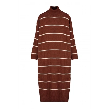 Yeni Oversize Casual Günlük Çift Plaka Triko Balıkçı Yaka Uzun Kol Shift Maxi Boy Elbise