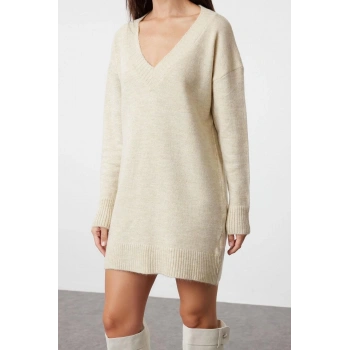 Yeni Oversize Casual Günlük Dolu İğne Triko V Yaka Uzun Kol Kazak Elbise Mini Boy Elbise