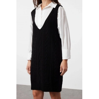 Yeni Regular Casual Günlük Çift Plaka Triko V Yaka Askılı Kol Jile Mini Boy Elbise