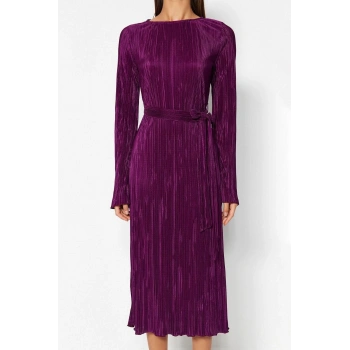 Yeni Regular Gündüz Gece Pilise Örme Kayık Yaka Uzun Kol A-Line Midi Boy Elbise