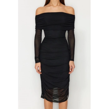 Yeni Slim Gündüz Gece Tül Örme Carmen Yaka Uzun Kol Bodycone Midi Boy Elbise