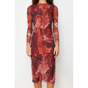 Yeni Slim Gündüz Gece Tül Örme Dik Yaka Uzun Kol Bodycone Midi Boy Elbise