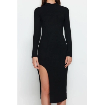 Yeni Slim Casual Günlük Poliviskon Kaşkorse Örme Dik Yaka Uzun Kol Bodycone Midi Boy Elbise