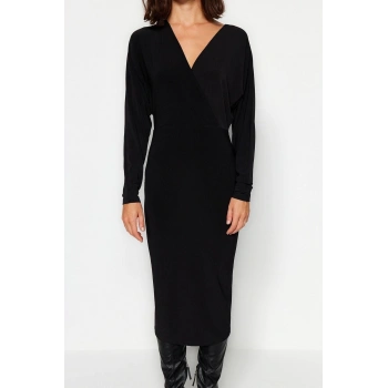 Yeni Slim Business Kalın Sandy Örme Kruvaze Uzun Kol Bodycone Midi Boy Elbise