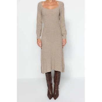 Yeni Slim Casual Günlük Tek Plaka Triko Kalp Yaka Uzun Kol Basic Midi Boy Elbise